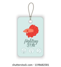 Vector price tag with aquarium fish and lettering. Illustration for pet shops. Aquarium fish names and icons. Cute betta picture