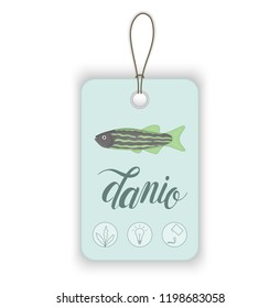 Vector price tag with aquarium fish and lettering. Illustration for pet shops. Aquarium fish names and icons. Cute danio picture
