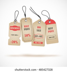 Vector price tag, banner, tag on a shoestring. Coupon sale, offers and promotions vector template.