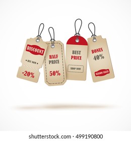 Vector price tag, banner, tag on a shoestring. Coupon sale, offers and promotions vector template.