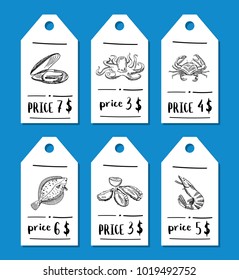 Vector price tag set with hand drawn seafood elements for restaurant illustration