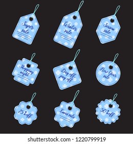 Vector price tags with snowflakes to organize seasonal holiday sale.