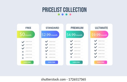 Vector pricing plan banners infographic template. Marketing presentation slide. Business labels concept infographics. 3, 4 options, parts, steps, processes.