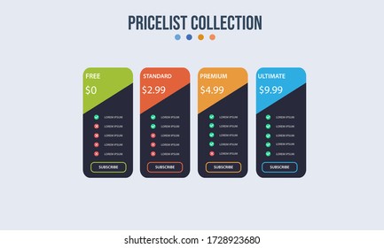 Plantilla de infografía de banners del plan de precios de vectores. diapositiva de presentación de marketing. infografías de concepto de etiquetas de negocios. 3, 4 opciones, partes, pasos, procesos.
