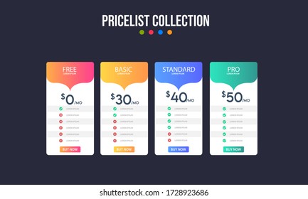 Vector pricing plan banners infographic template. Marketing presentation slide. Business labels concept infographics. 3, 4 options, parts, steps, processes.