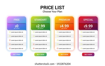 Vector pricing plan banners infographic template. Marketing presentation slide. Business labels concept infographics. 4 options, parts, steps, processes