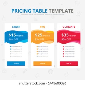 Vector Pricing Table. Colorful template with three Plan Type - Start, Pro and Ultimate. Graphic design on light gray background