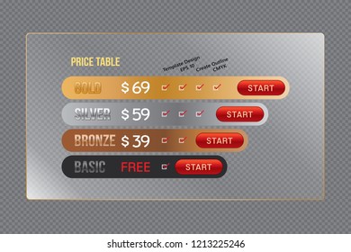 Vector of pricing table design template transparent background for website and application.