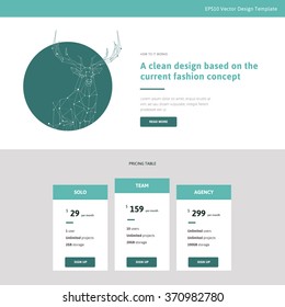 Vector pricing table in flat design style for websites and applications with low poly linear deer illustration near the text template