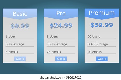 Vector pricing table rate template three types