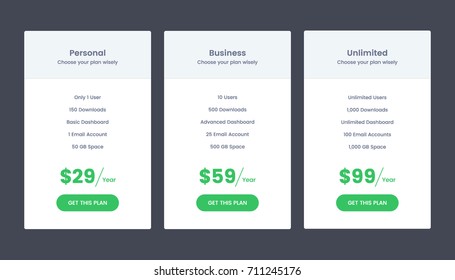Vector Pricing table template in flat design. Design element for website.
