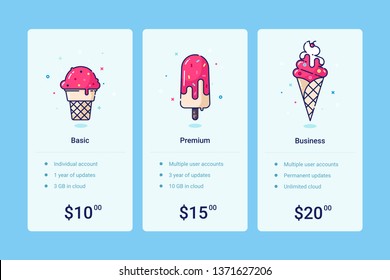 Vector pricing table template with ice-cream illustration