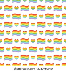 Vector pride doodle seamless pattern. LGBT Hearts with rainbow. Gay parade, LGBTQ+ rights symbol. Background, wrapping paper, bag template, isolated print on white background.