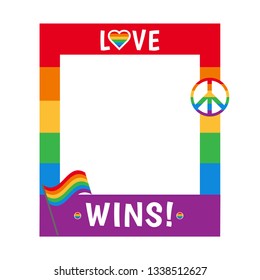 Vector pride frame. LGBT symbols. Love wins, heart, flag in rainbow colors. Gay, lesbian parade signl. Good for selfie. Homosexual icon and logo.