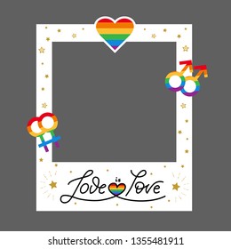 Vector pride frame. LGBT symbols. Love wins, heart, flag in rainbow colors. Gay, lesbian parade signl. Good for selfie. Homosexual icon and logo.