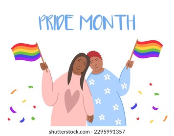 Vector pride month poster with two black smiling women holding rainbow flags. Two lesbians with lgbtq flags.