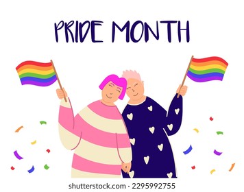 Vector Pride month poster with two smiling women holding lgbt flags. Pride month poster with two lesbians.