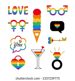 Vector pride symbols set for LGBT party. Gay and lesbian parade stickers - love; heart; flag in rainbow colors. Homosexual icons and logos. 