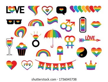 Vector pride symbols set for LGBT party. Gay and lesbian parade stickers - love heart flag in rainbow colors. Homosexual icons and logos.