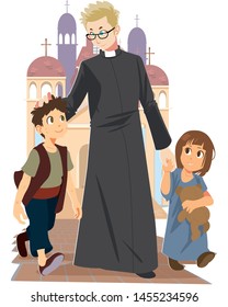  vector of priest walking with children on floor outside church background.