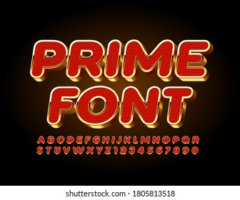 Vector Prime Font. Textured Red and Gold Alphabet. 3D Luxury style Letters and Numbers set