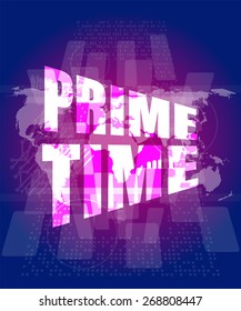 vector prime time words on digital screen background with world map