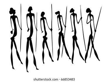 Vector Primitive figures looks like cave painting - primitive art - warriors