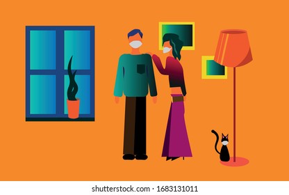 Vector primitive illustration quarantined couple in medical masks in their home with a cat