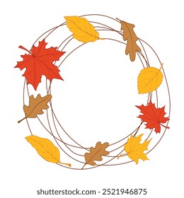 Vector primitive wreath of autumn leaves in doodle flat style. Colorful simple illustration. Round frame, border. Theme is forest, happy fall, thanksgiving