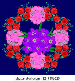 Vector primula flowers seamless pattern. Seamless Floral Pattern in red, pink and blue colors.