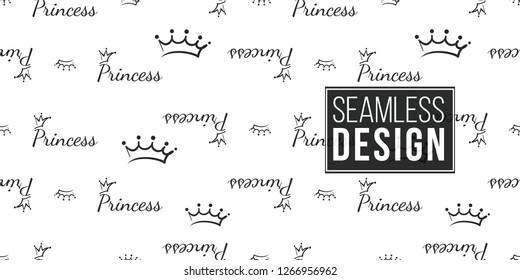 Vector prince crown and princess inscription seamless pattern background. Black outline hand drawn crown illustrations. Simple fashionable backdrop for invitation, wedding decoration design.