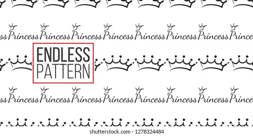 Vector prince crown and princess inscription seamless pattern background. Black outline hand drawn crown illustrations. Simple fashionable backdrop for invitation, wedding decoration design.