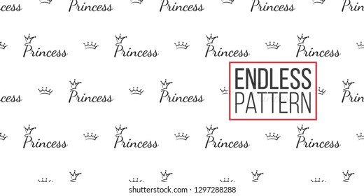 Vector prince crown and princess inscription seamless pattern background. Black outline hand drawn crown illustrations. Simple fashionable backdrop for invitation, wedding decoration design.