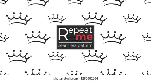 Vector prince crown seamless pattern background. Black outline hand drawn crown illustrations. Simple fashionable backdrop for invitation and wedding decoration design.