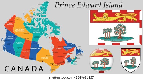 Vetor do brasão de armas da Ilha do Príncipe Eduardo, bandeira e mapa. Perfeito para projetos de design com tema canadense, educação, turismo e projetos do governo provincial.