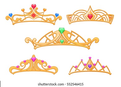 Coronas de princesa vectora, tiaras con juegos de caricaturas. Corona real de lujo con piedras preciosas, ilustración de coronas doradas de moda