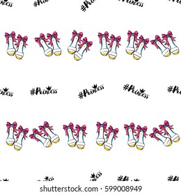 Vector princess hashtag and bride shoes seamless pattern. Fashion illustration, patches, stickers. Hand sketched background in vogue style.