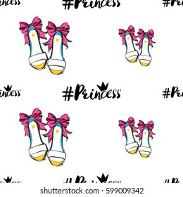 Vector princess hashtag and bride shoes seamless pattern. Fashion illustration, patches, stickers. Hand sketched background in vogue style.