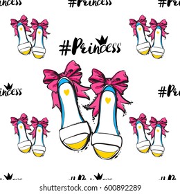 Vector princess hashtag and bride shoes seamless pattern. Fashion illustration, patches, stickers. Hand sketched background in vogue style.