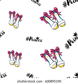 Vector princess hashtag and bride shoes seamless pattern. Fashion illustration, patches, stickers. Hand sketched background in vogue style.