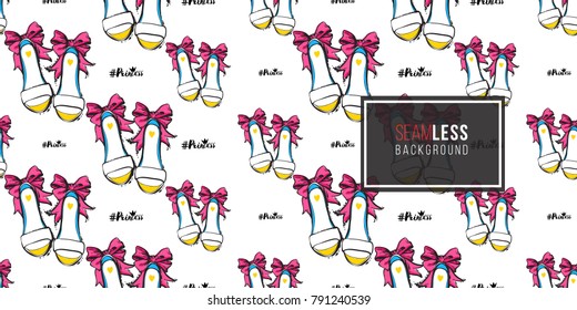 Vector princess hashtag and bride shoes seamless pattern. Fashion illustration, patches, stickers. Hand drawn background in vogue style.