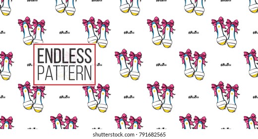 Vector princess hashtag and bride shoes seamless pattern. Fashion illustration, patches, stickers. Hand drawn background in vogue style.