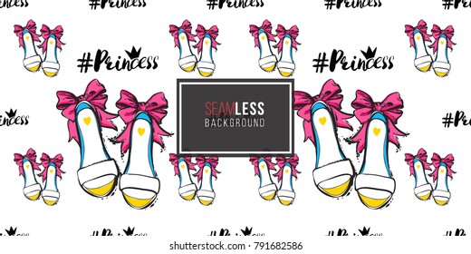 Vector princess hashtag and bride shoes seamless pattern. Fashion illustration, patches, stickers. Hand drawn background in vogue style.