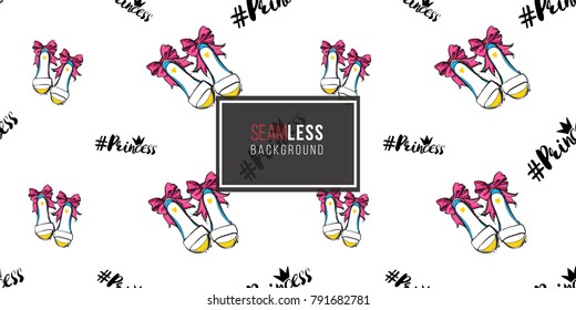 Vector princess hashtag and bride shoes seamless pattern. Fashion illustration, patches, stickers. Hand drawn background in vogue style.