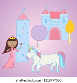 A Vector Princess and Her Unicorn Outside the Castle