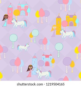 A Vector Princess and Her Unicorn Outside the Castle