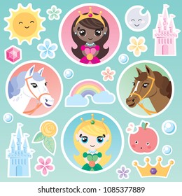 Vector of princess, horses, castle, crown, apple, sun and moon and other cute decorative elements  