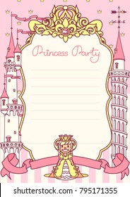 vector Princess party invitation template. Festive trendy flat concept. Handdrawn cute fun color illustration. Typography pink girlish greeting card design. Classic fantasy kids invite art. Vertical