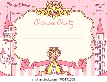 vector Princess party invitation template. Festive trendy flat concept. Handdrawn cute fun color illustration. Typography pink girlish greeting card design. Classic fantasy kids invite art. Horizontal