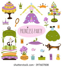 Vector Princess Party set of elements. Cute collection for birthday or baby shower design, greeting cards, brochures, tags and labels, invitations, scrapbooking, calendars, etc. 